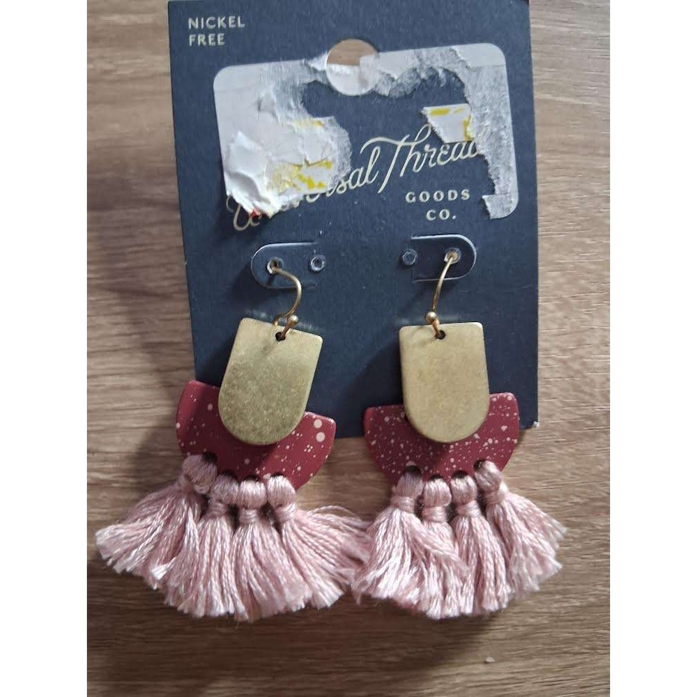 Universal Thread Boho Tassel Drop Earrings Pink Burgundy Gold Tone Nickel Free